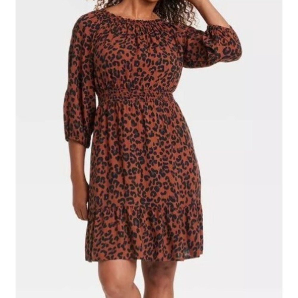 Knox Rose Women's 3/4 Sleeve Smocked A-Line Knee-Length Dress, Brown Leopard, XS